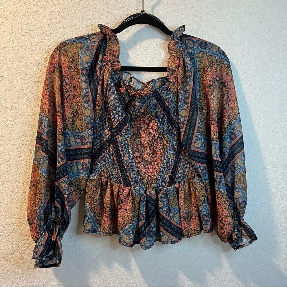 Women’s Flying Tomato blue and orange patterned rouched front long sleeve blouse